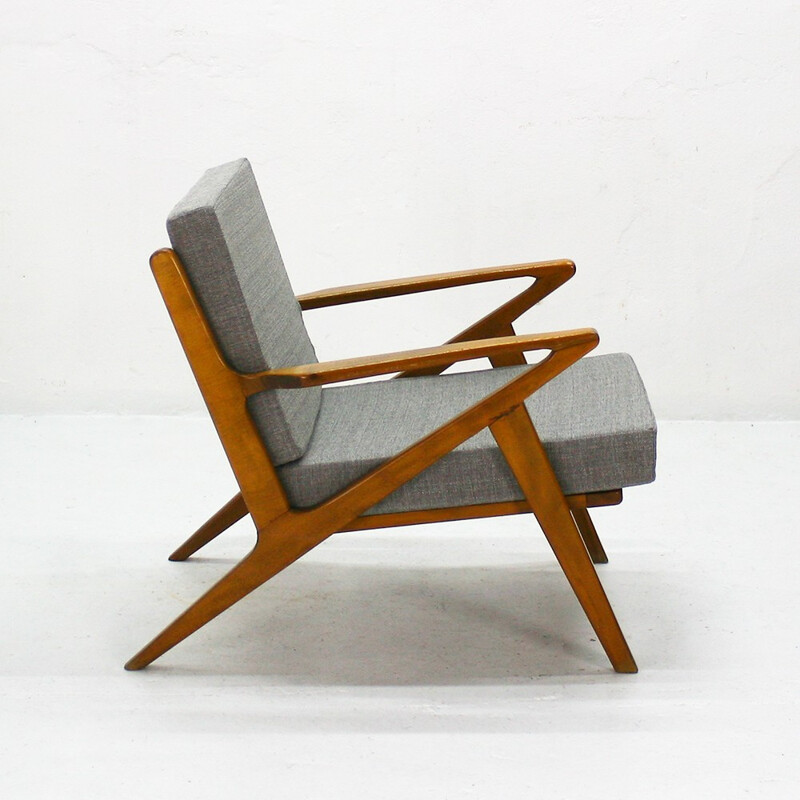 Mid century reupholstered armchair in beech and fabric - 1960s