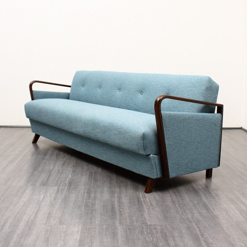 Canapé 3 places en tissu bleu et hêtre massif - 1950