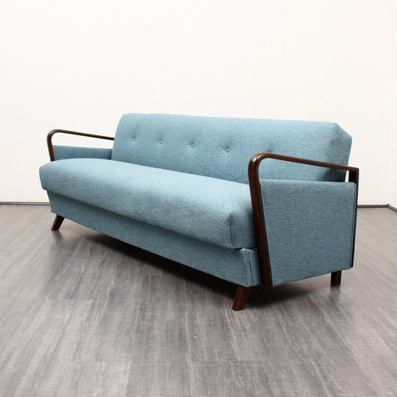 Light blue 3-seater sofa in solid beech and fabric - 1950s