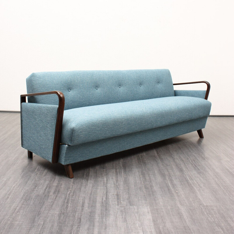 Light blue 3-seater sofa in solid beech and fabric - 1950s