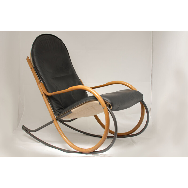 Rocking chair "Nonna" vintage en hêtre courbé et cuir, Paul TUTTLE - 1970