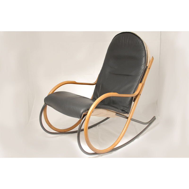 "Nonna" rocking chair in beech and leather, Paul TUTTLE - 1970s
