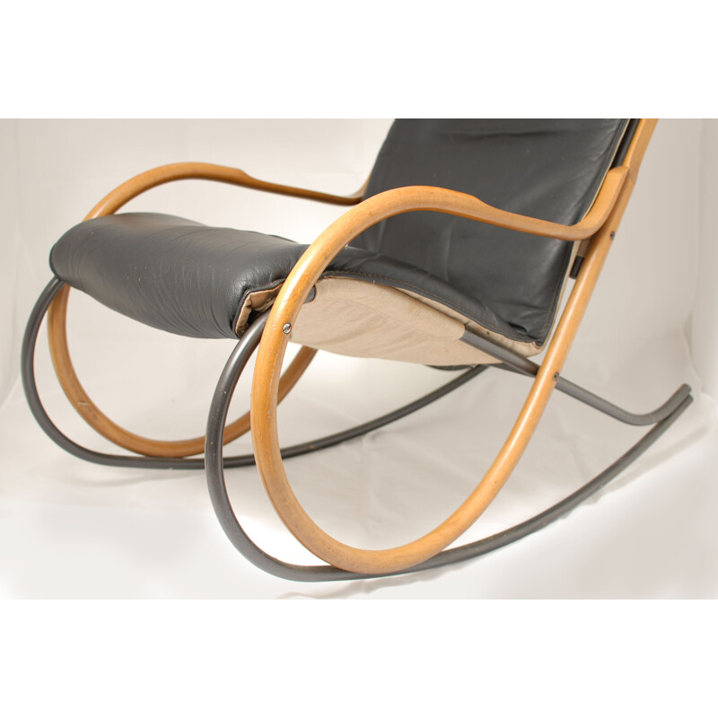 "Nonna" rocking chair in beech and leather, Paul TUTTLE - 1970s