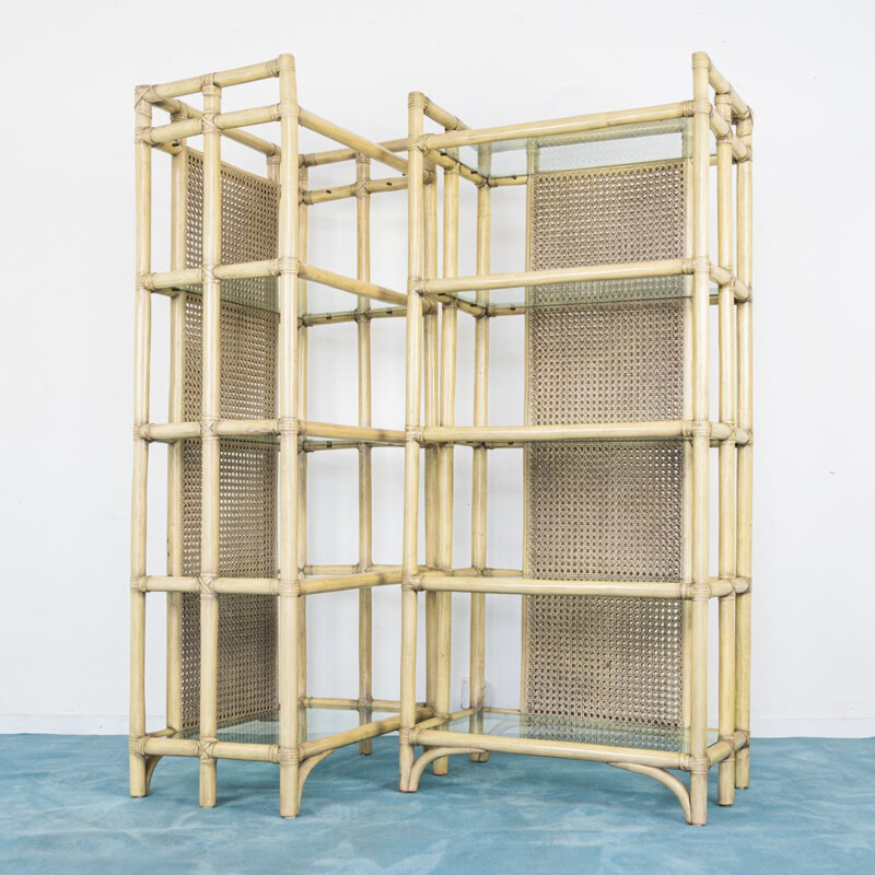 Pair of vintage bamboo bookcases with Vienna straw, 1980