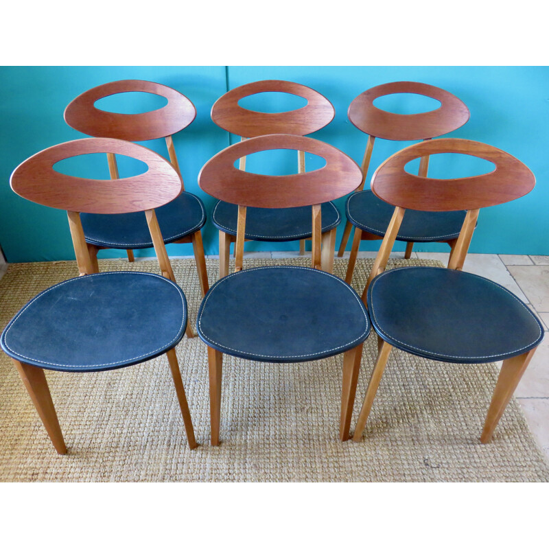 6 cadeiras vintage por Roger LANDAULT para Sentou, França 1950