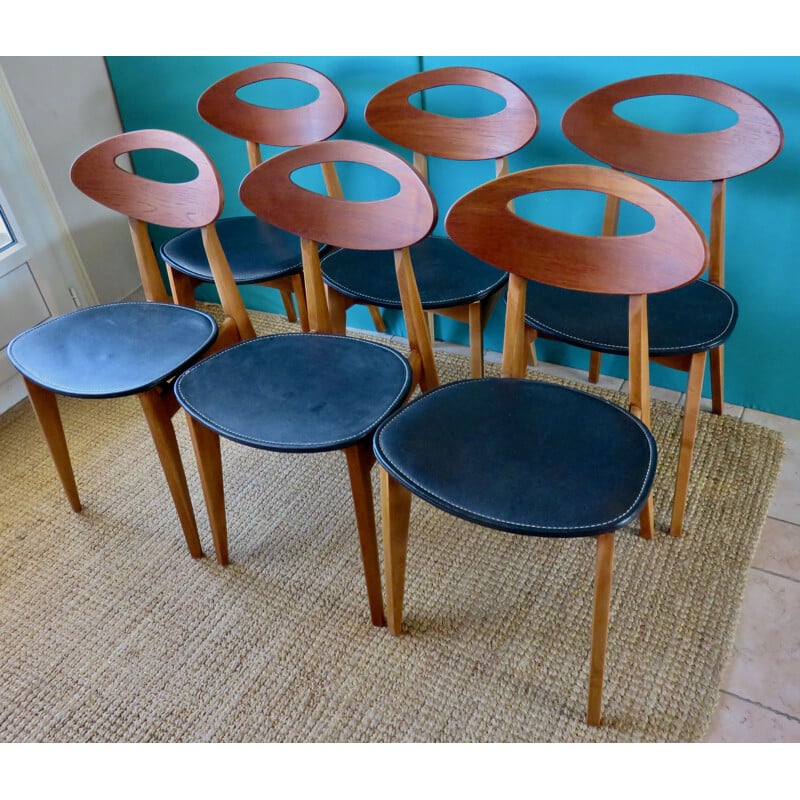 6 chaises vintage de Roger LANDAULT pour Sentou, France 1950