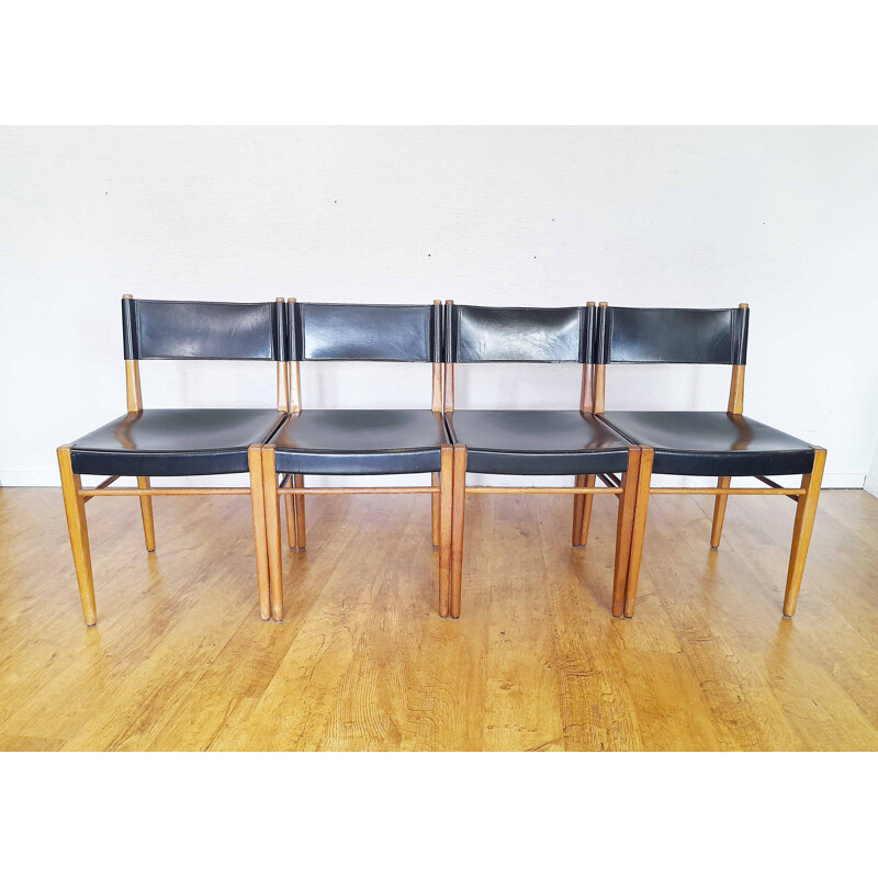 4 chaises scandinave vintage en cuir et chêne