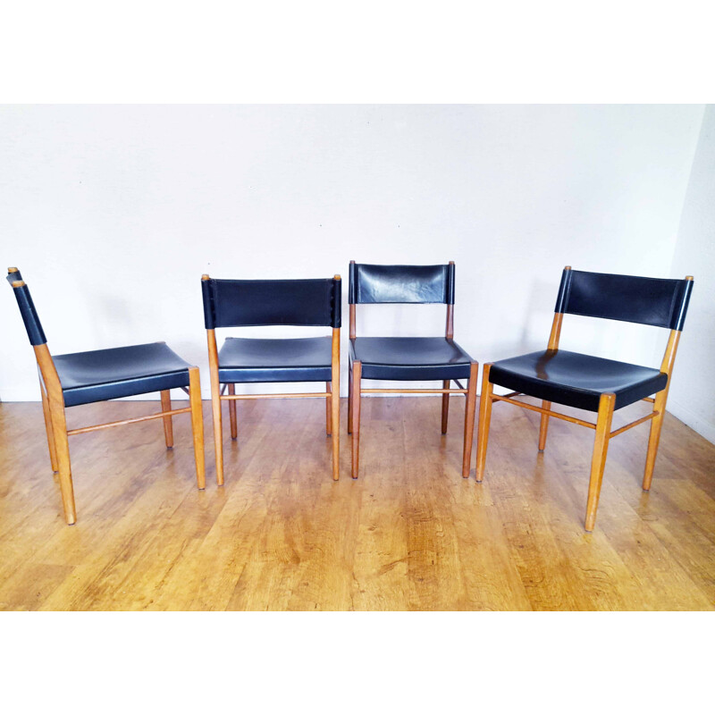 4 sedie vintage scandinave in pelle e rovere