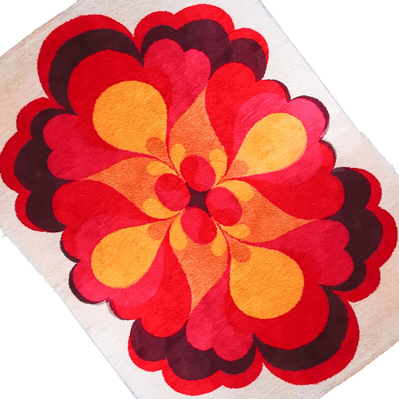 Vintage-Teppich Riesenrosette in Rot und Orange