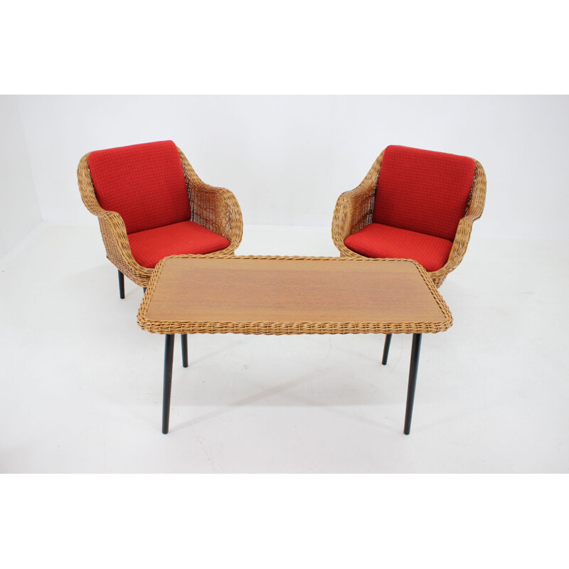 Pair of vintage rattan armchairs and table with pillows, France 1970s