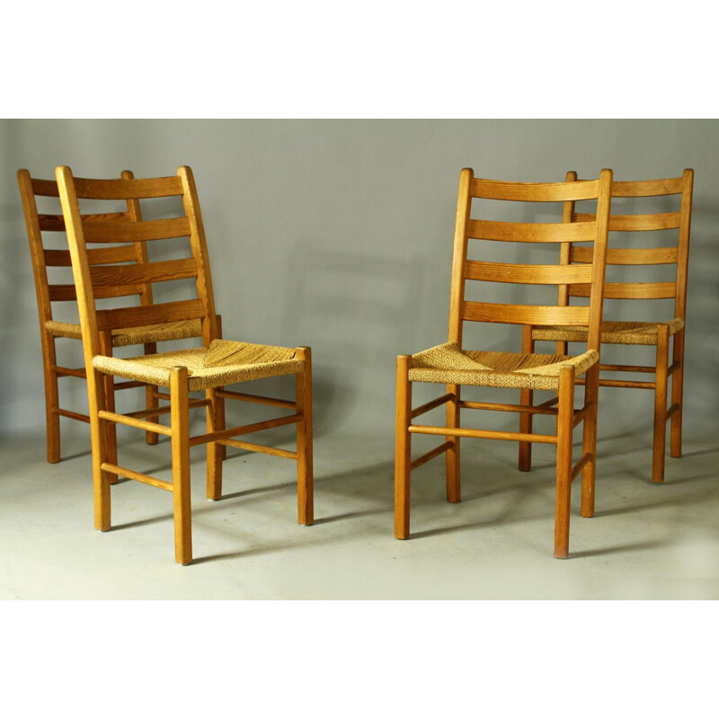 Set of 4 vintage swedish ladder woven rush chairs, 1960s
