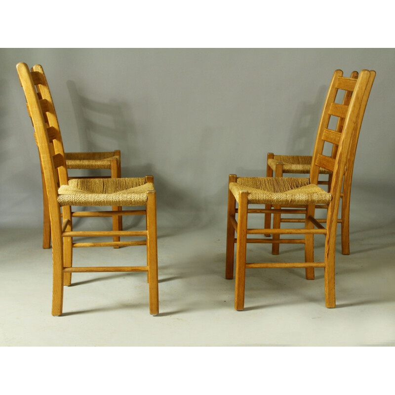 Set of 4 vintage swedish ladder woven rush chairs, 1960s