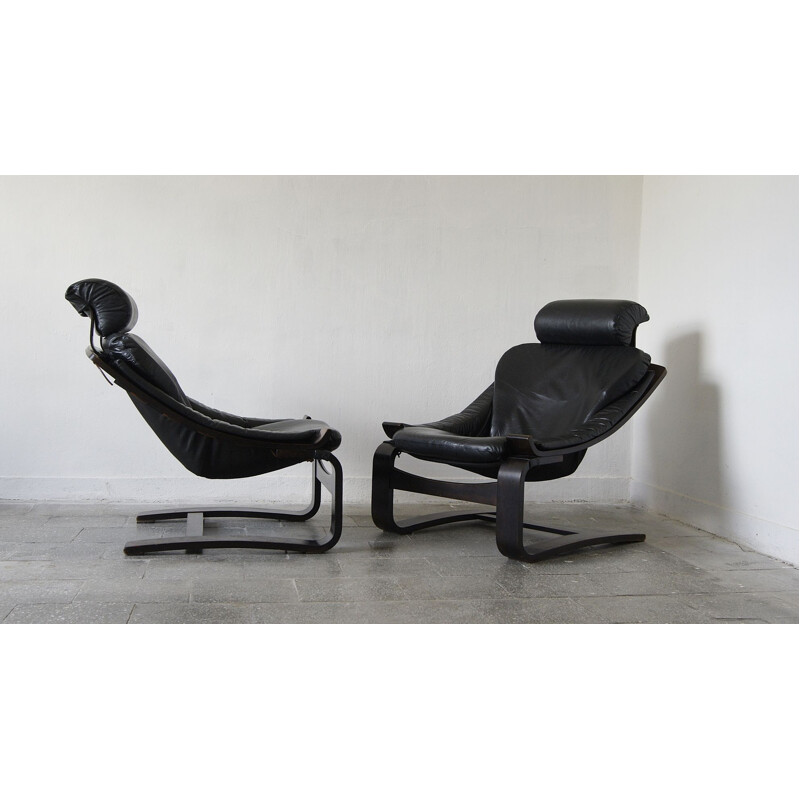 Set of 2 mid-century swedish kroken leather lounge chairs by Åke Fribytter for Nelo, 1970s