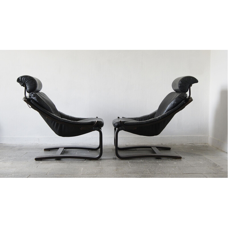 Set of 2 mid-century swedish kroken leather lounge chairs by Åke Fribytter for Nelo, 1970s