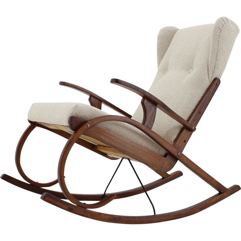 Vintage rocking chair in bouclé fabric, Czechoslovakia 1950s