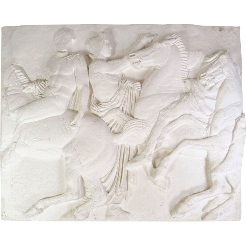 Vintage relief in white colors with a motif of people and horses, 1940s