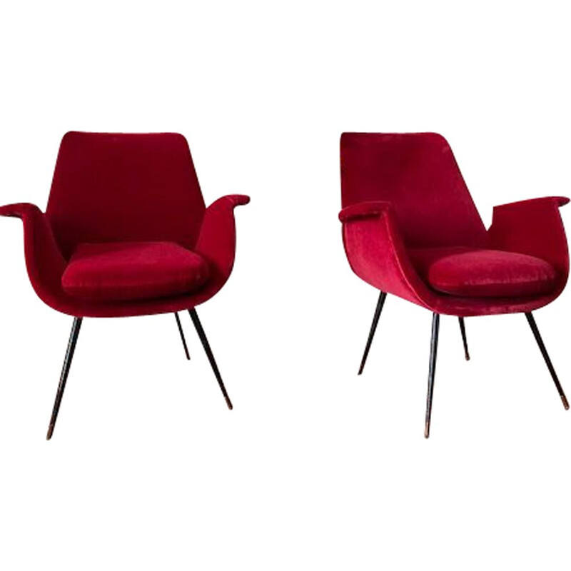Paar vintage Italiaanse fauteuils in rood fluweel