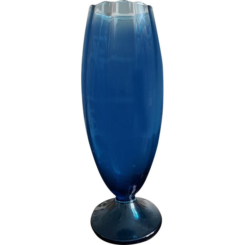 Vintage Italiaanse blauwe glazen vaas, 1970