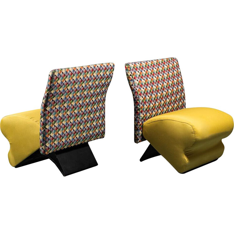 Pair of vintage armchairs in yellow and multicolor fabric, 1980s