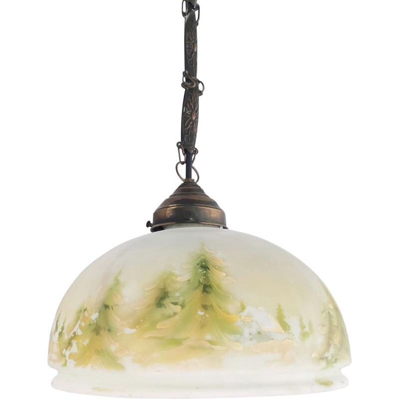 Vintage hand painted white opal glass pendant lamp with winter landscape, 1950s