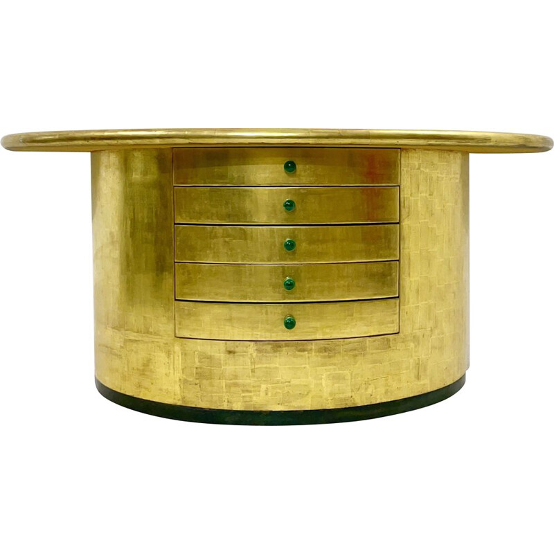 Vintage half moon console with gold leaf drawers and malachite handles, 1980