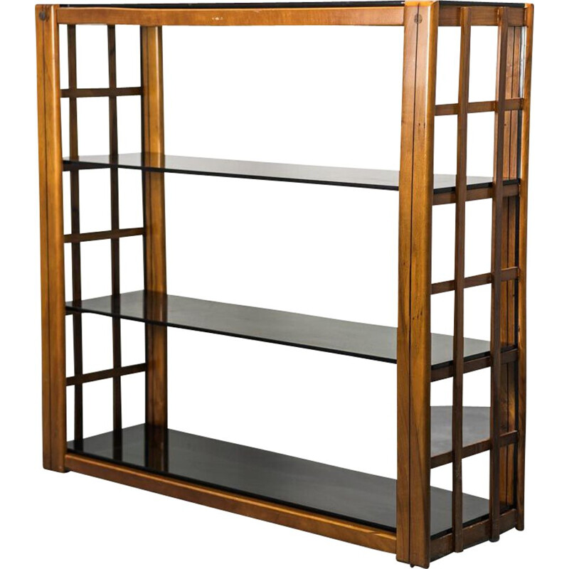 Vintage smoked glass and wood bookcase, 1970s 