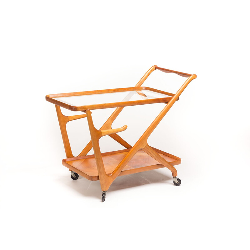 Chariot vintage Cassina en noyer et verre, Cesare LACCA - 1950