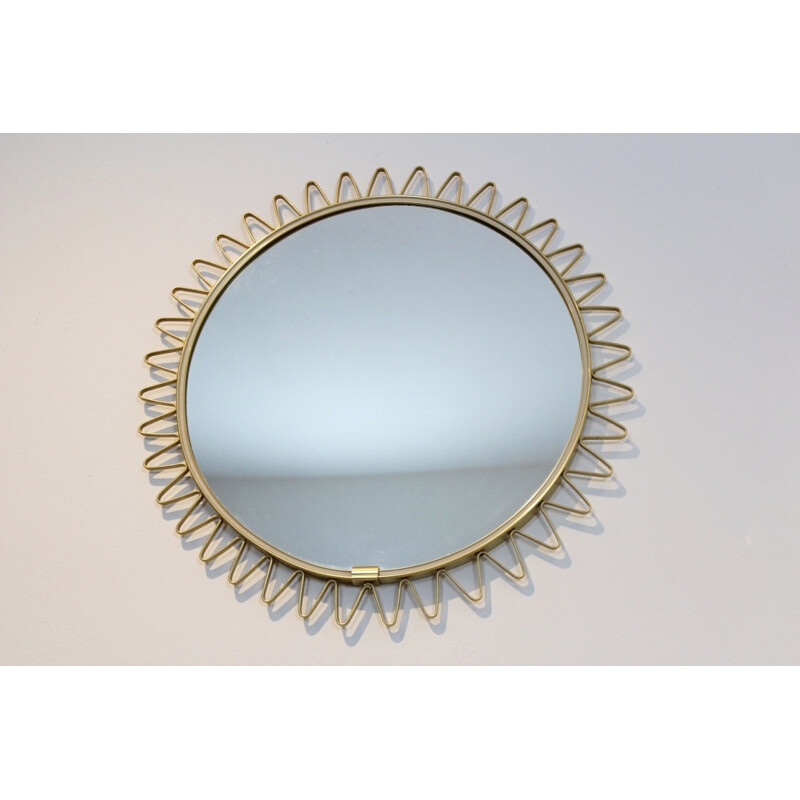 Specchio rotondo d'epoca in ottone "soleil", Francia 1960