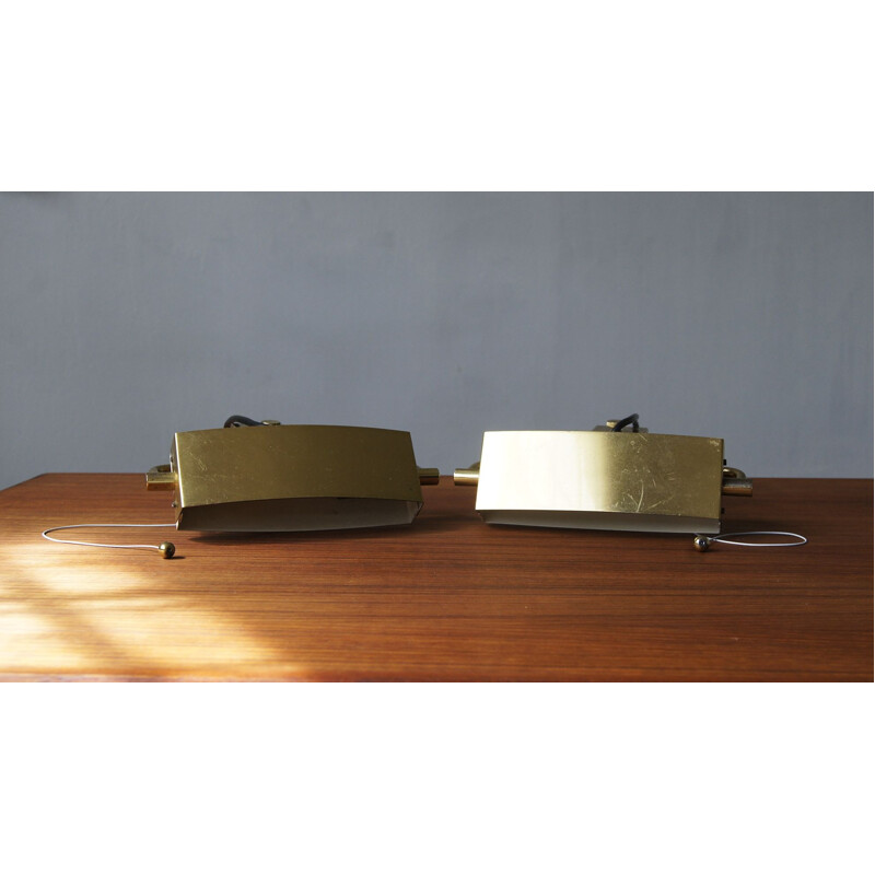 Pair of vintage steel and brass wall lamps by Jacques Biny, France