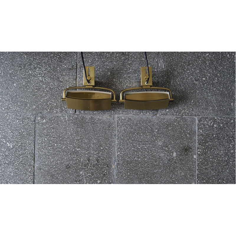 Pair of vintage steel and brass wall lamps by Jacques Biny, France