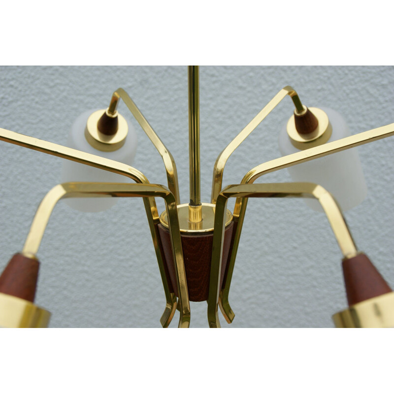 Mid-century chandelier in teak and brass, 1960s