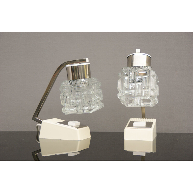 Paire de lampes de table vintage en verre de cristal blanc, 1960