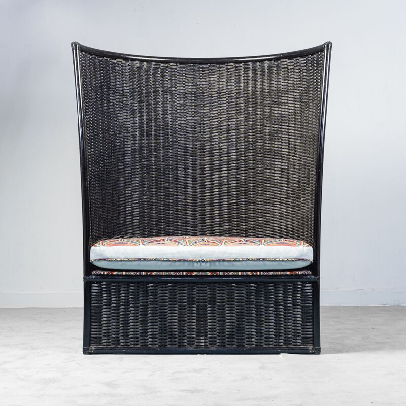 Vintage armchair in black wood and cushion by Roberti Rattan, 1970s