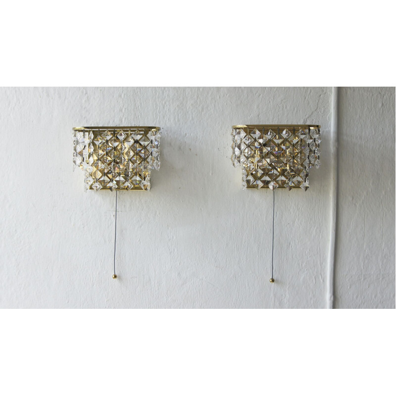 Pair of vintage Hollywood Regency brass & crystal glass wall lamps by Palwa