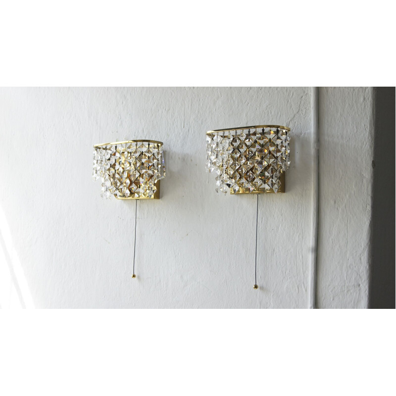 Pair of vintage Hollywood Regency brass & crystal glass wall lamps by Palwa