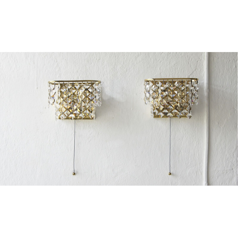 Pair of vintage Hollywood Regency brass & crystal glass wall lamps by Palwa
