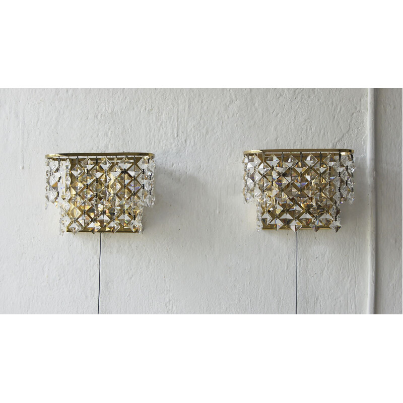 Pair of vintage Hollywood Regency brass & crystal glass wall lamps by Palwa