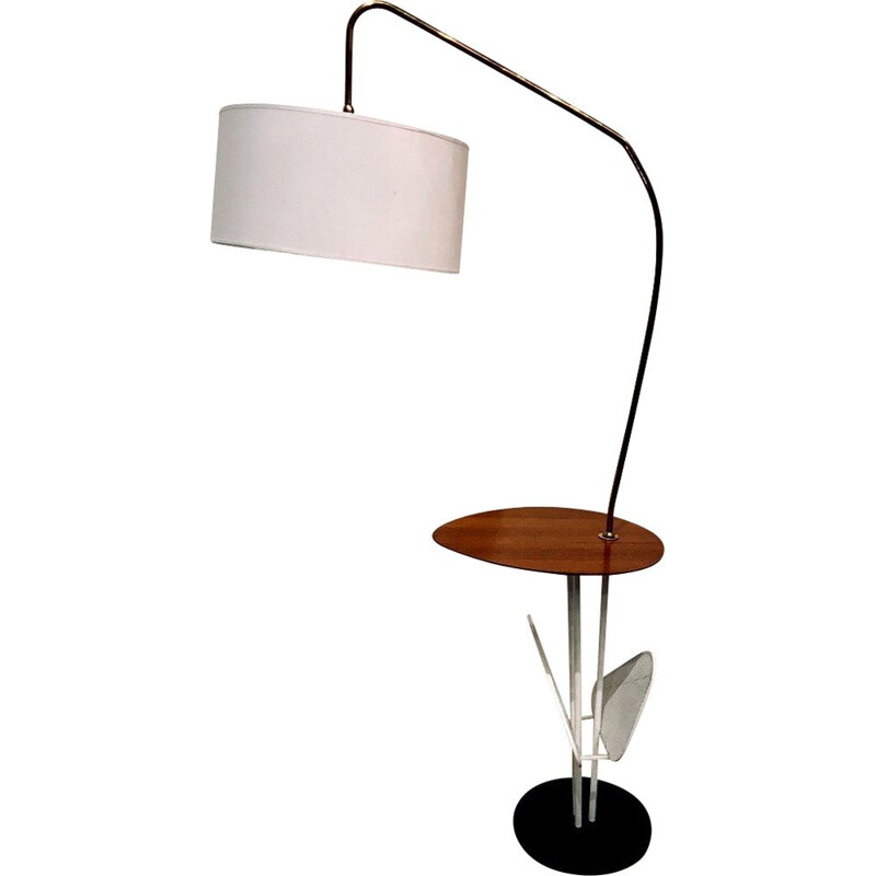 Vintage floor lamp in white lacquered metal, brass and teak