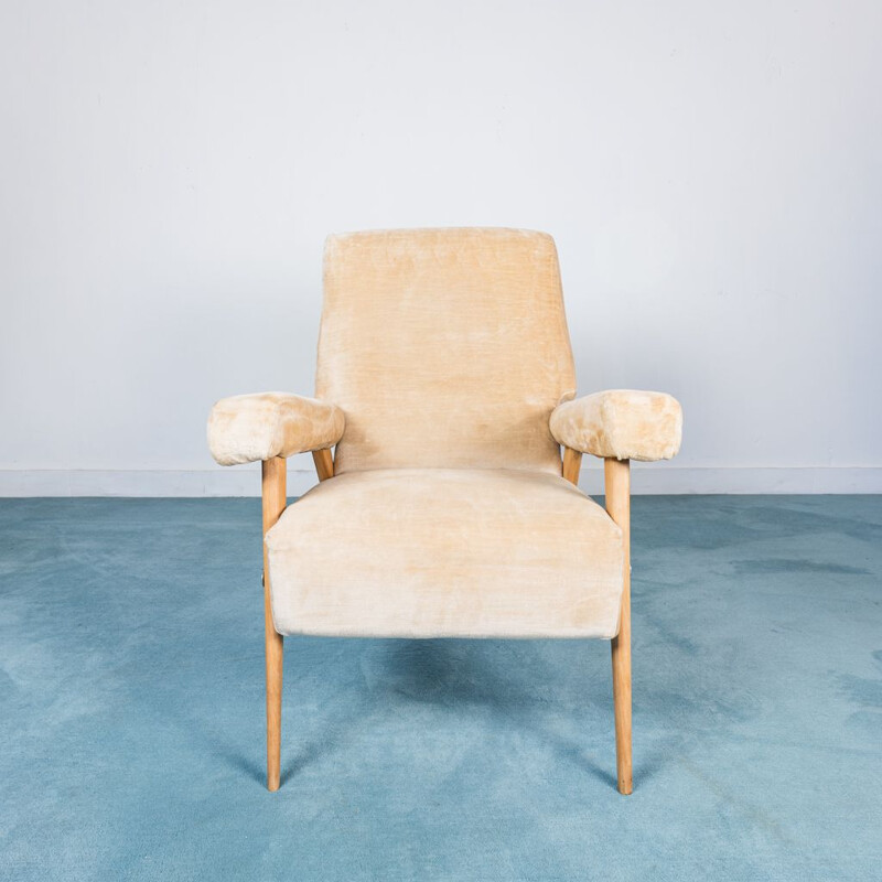 Vintage armchair in beech wood and beige velvet fabric, 1950s