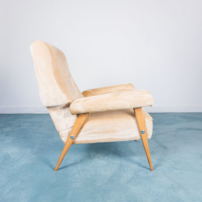 Vintage armchair in beech wood and beige velvet fabric, 1950s