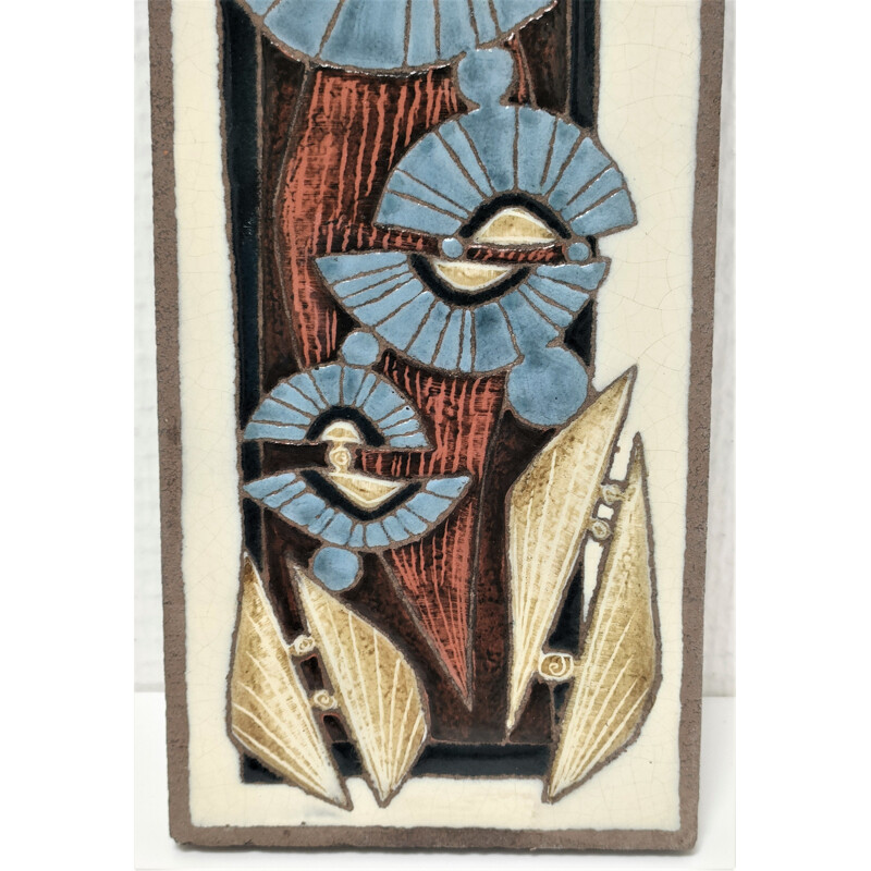 Vintage enamelled lava plaque with stylized flowers, 1970-1980