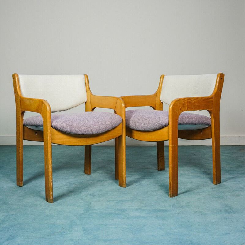 Pair of vintage office armchairs in wood and fabric, 1970s
