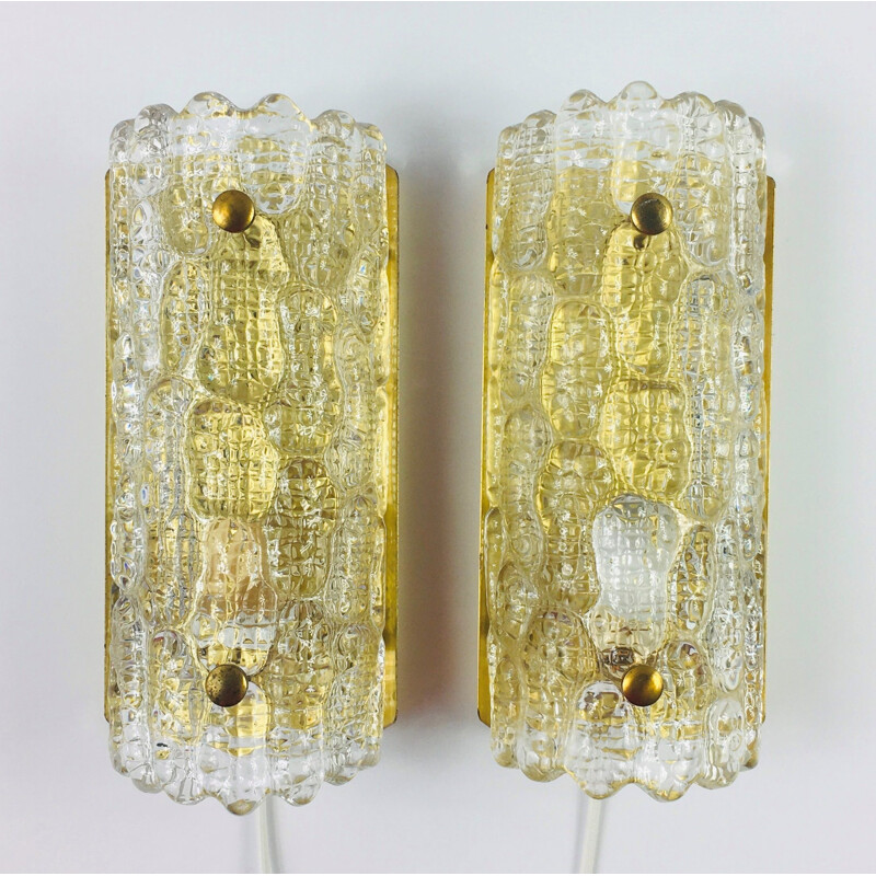 Pair of Scandinavian vintage glass & brass wall lamps by Carl Fagerlund for Orrefors & Lyfa, 1960s
