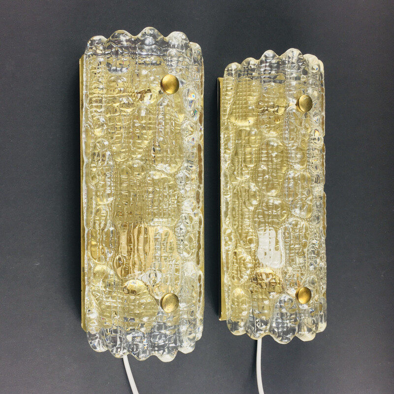 Pair of Scandinavian vintage glass & brass wall lamps by Carl Fagerlund for Orrefors & Lyfa, 1960s