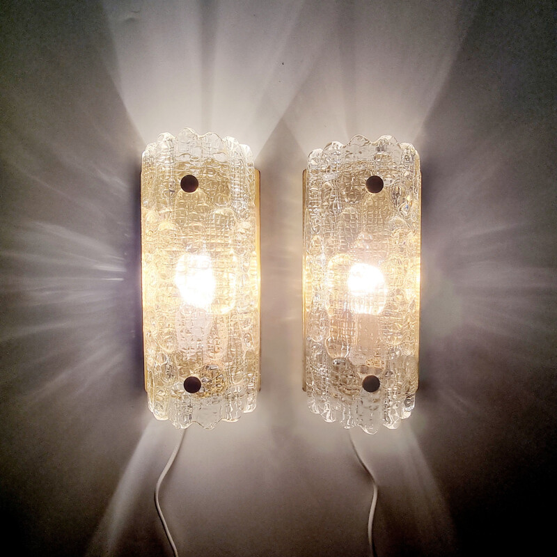 Pair of Scandinavian vintage glass & brass wall lamps by Carl Fagerlund for Orrefors & Lyfa, 1960s