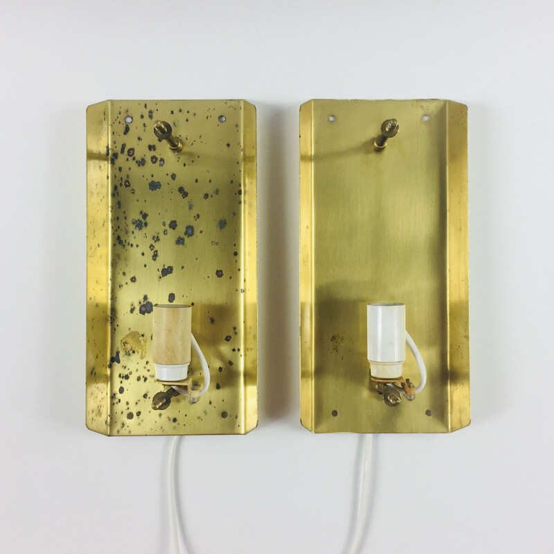 Pair of Scandinavian vintage glass & brass wall lamps by Carl Fagerlund for Orrefors & Lyfa, 1960s