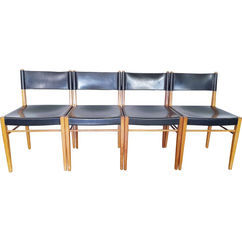 4 sedie vintage scandinave in pelle e rovere