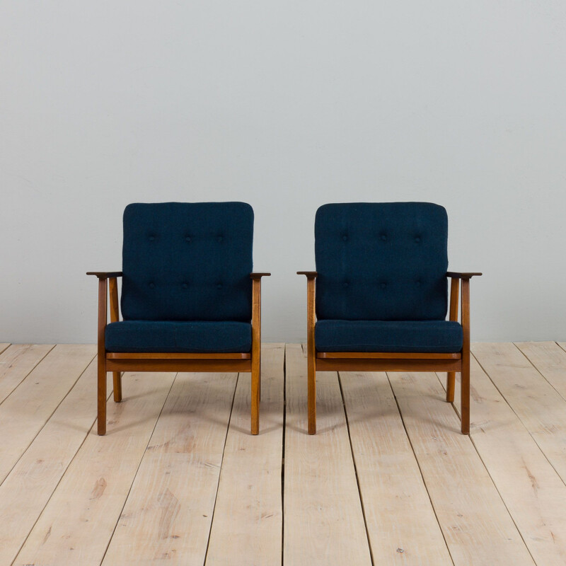 Pair of vintage armchairs in teak wood and blue wool, Denmark 1960