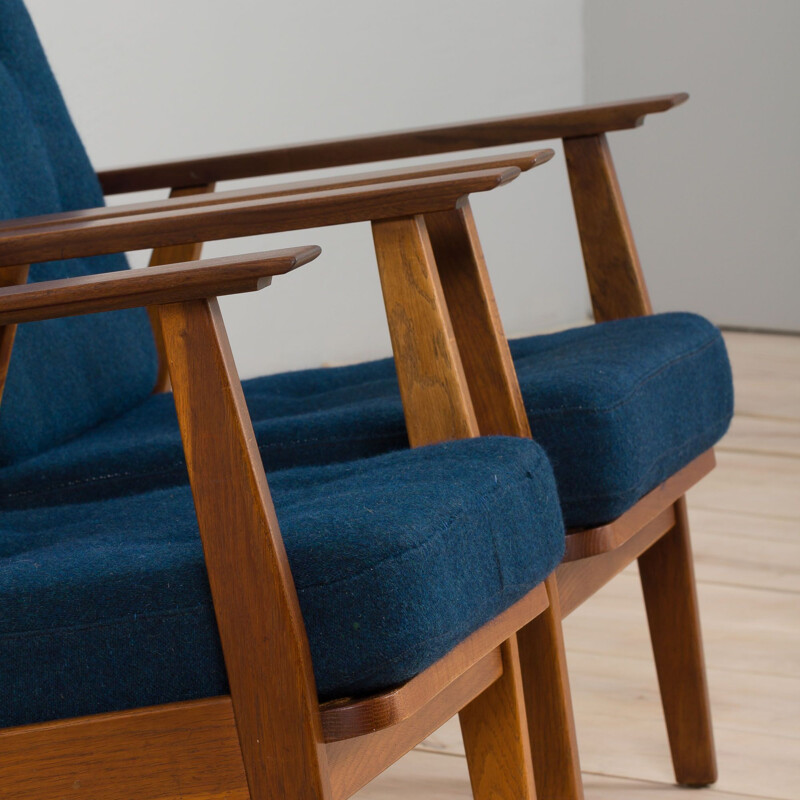 Pair of vintage armchairs in teak wood and blue wool, Denmark 1960