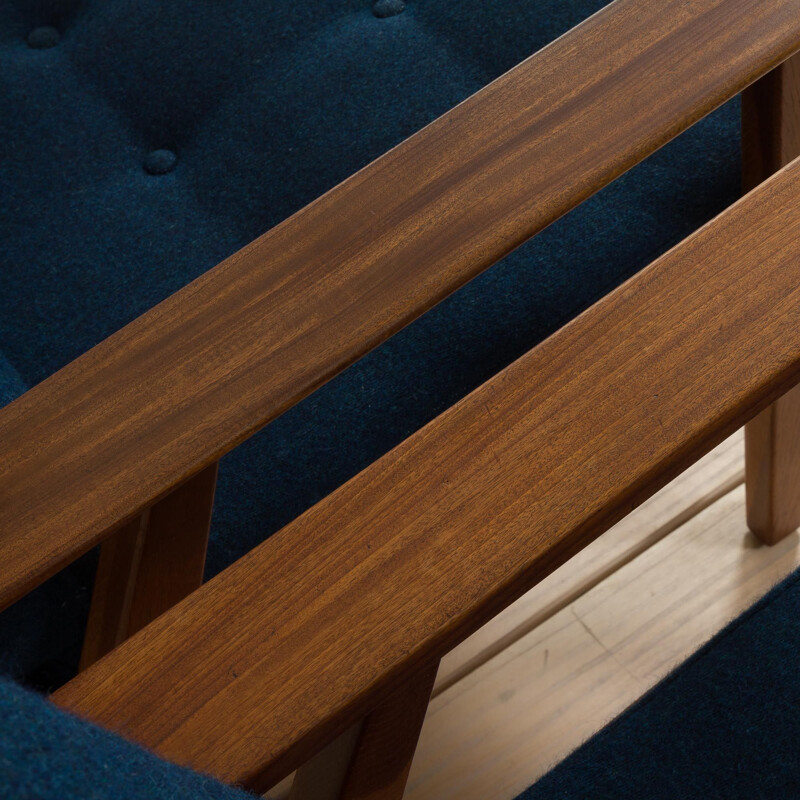 Pair of vintage armchairs in teak wood and blue wool, Denmark 1960